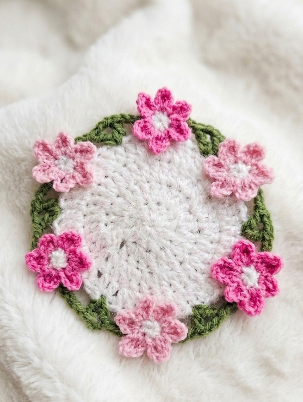 Handmade Pink Floral Crochet Coffee Coaster - White Center